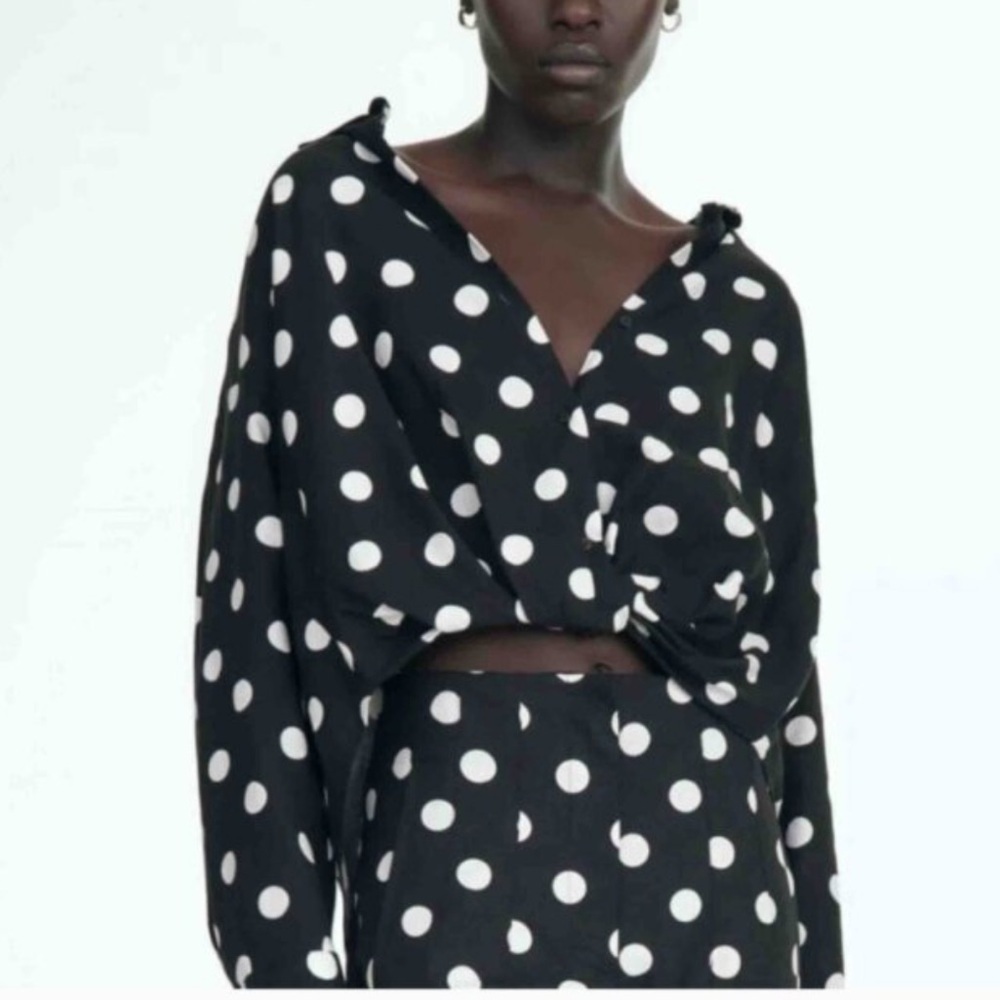 Zara Black & White Polka Dot Linen Blend Button Down Blouse